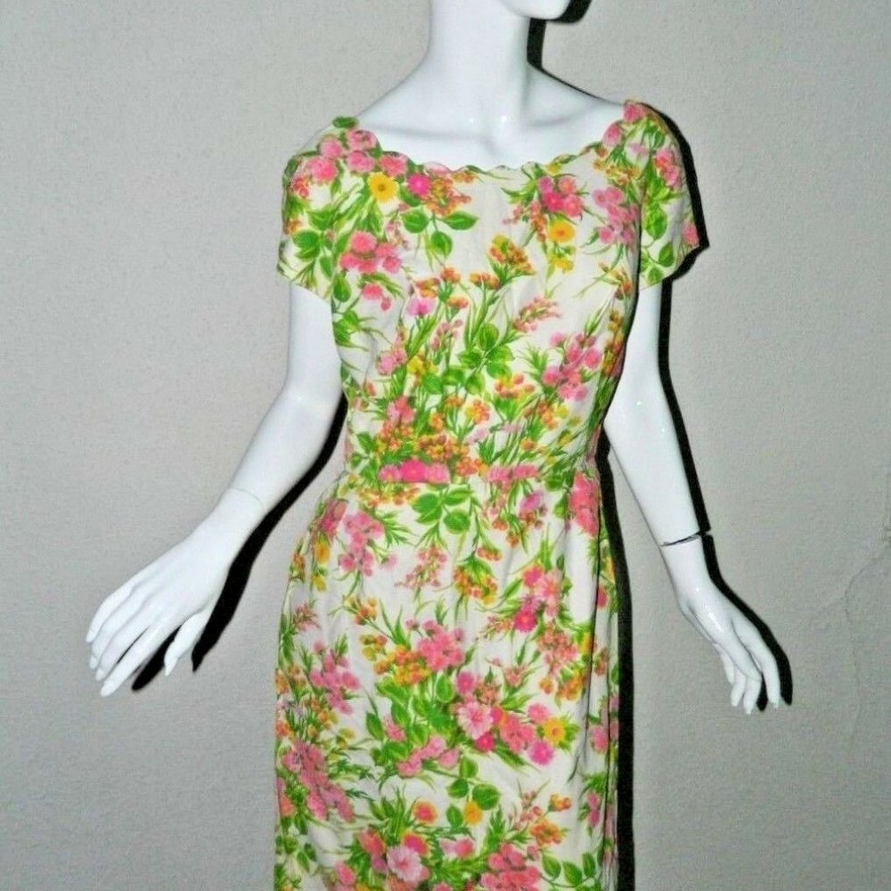 Vtg McMULLEN Dress Pink Coral Green Floral Medium
